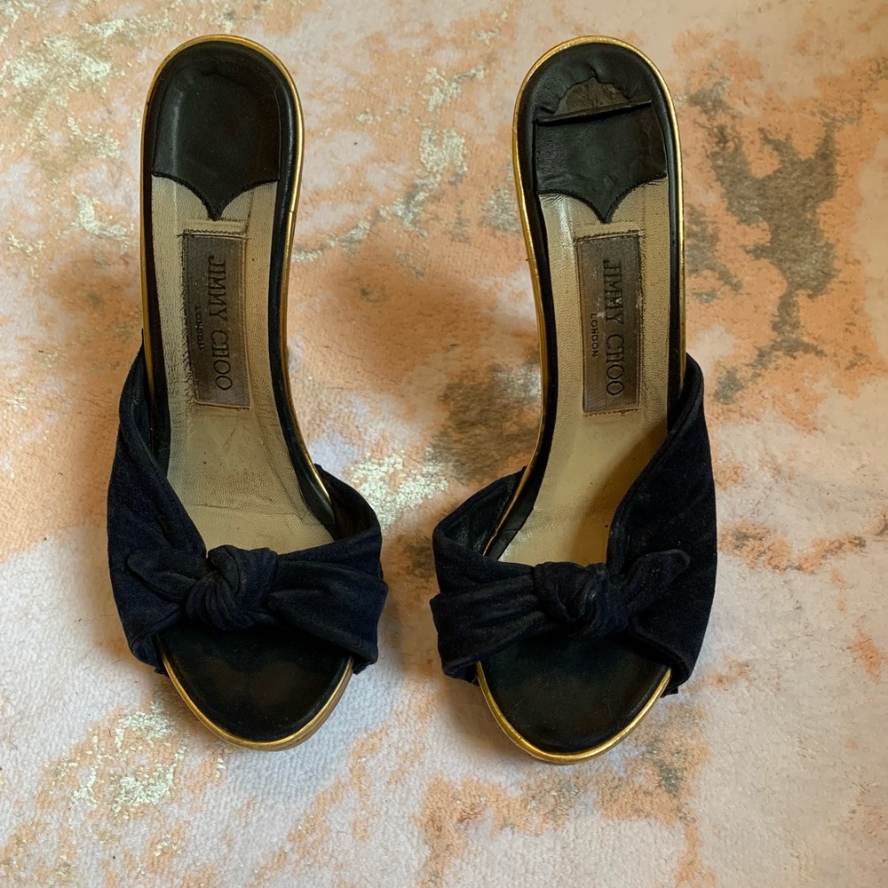 Jimmy Choo Sandal 38 Blue Suede & Wood Heel